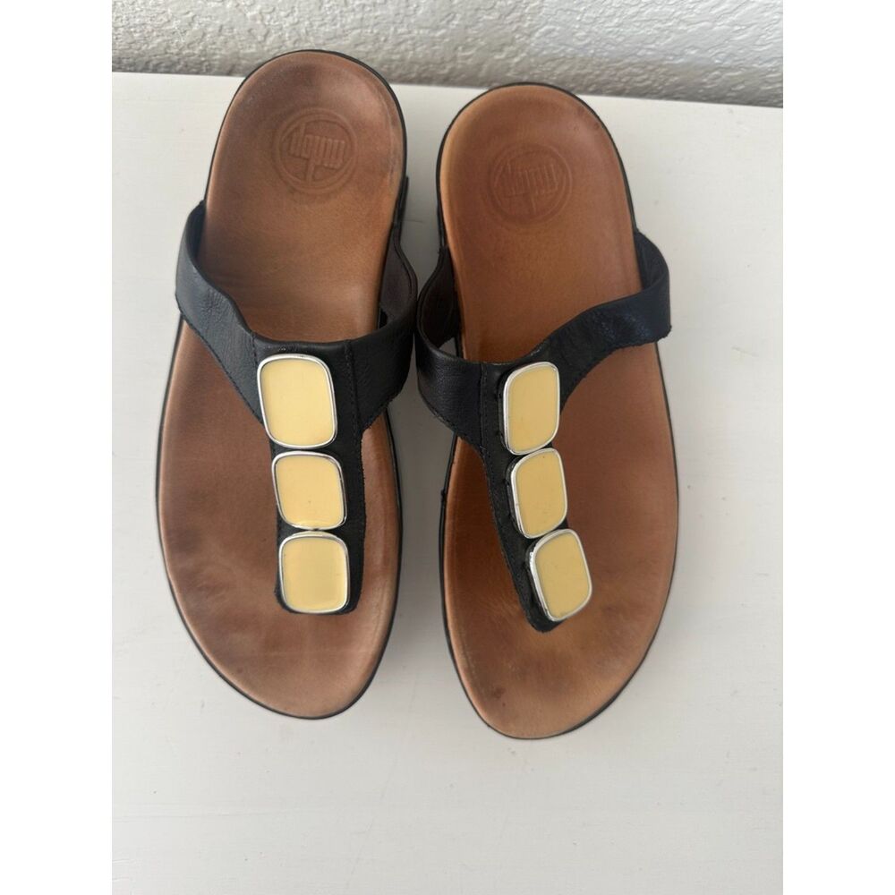 Fitlop Pietra II Sandal Shoes Black Leather Thong Slip On Embellished Size 8